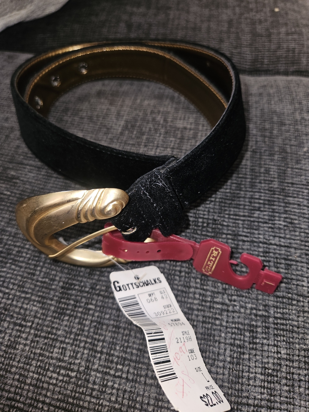 Black Suede Belt with Gold Buckle - Vintage
